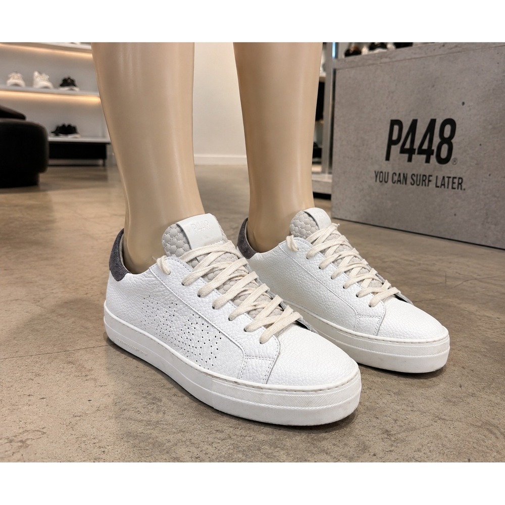 P448 John White Leather Sneakers Gray Suede Low Top US 9/EU 40